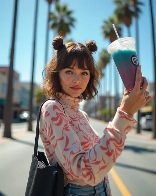 A woman with pigtails poses with a smoothie in her hand. The background is a street lined with palm trees.