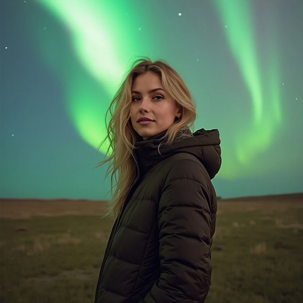 Ana standing in a field with the northern lights behind her