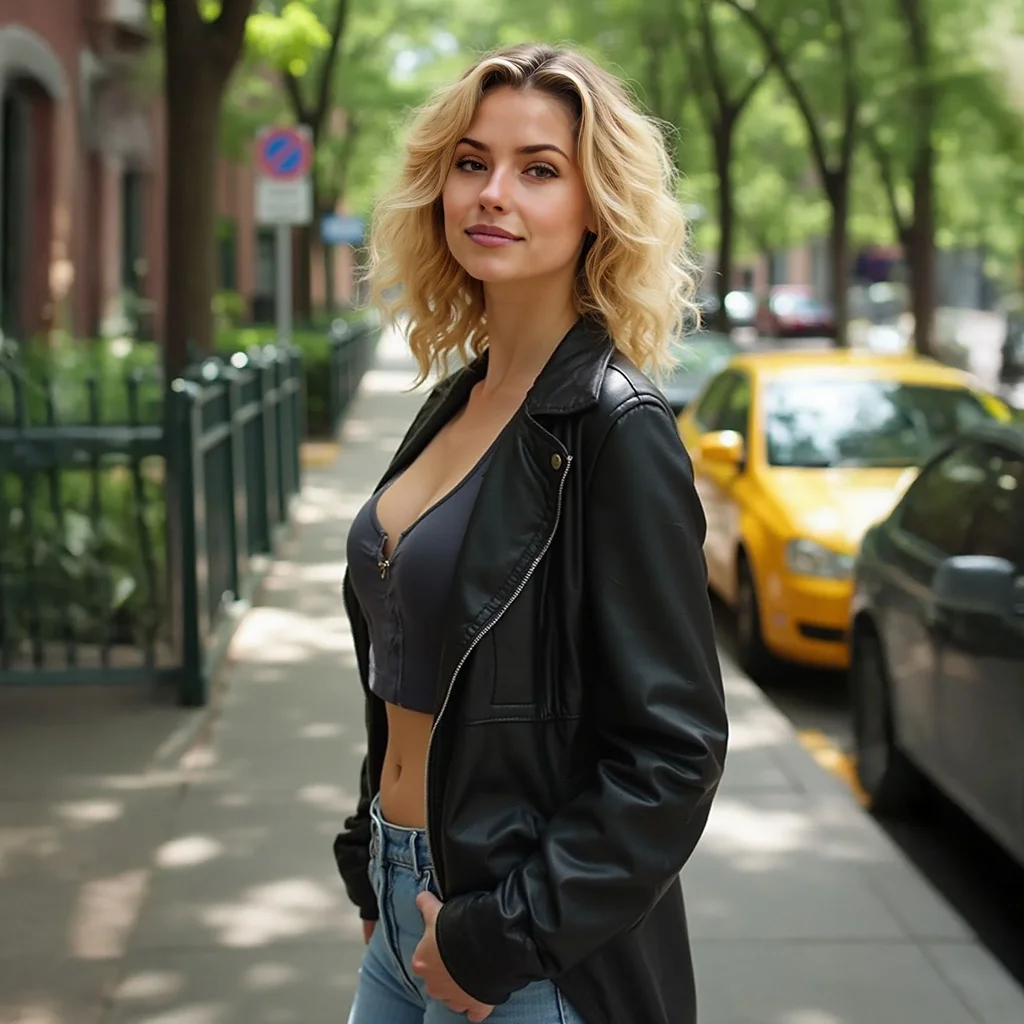 Ana poses in black streetwear on a residential street.