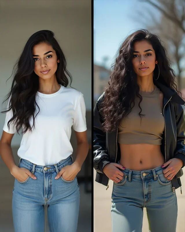 Two images of the same latina woman. The left version looks like it was shot on phone while the right one looks professionally shot with makeup and wardrobe styling.