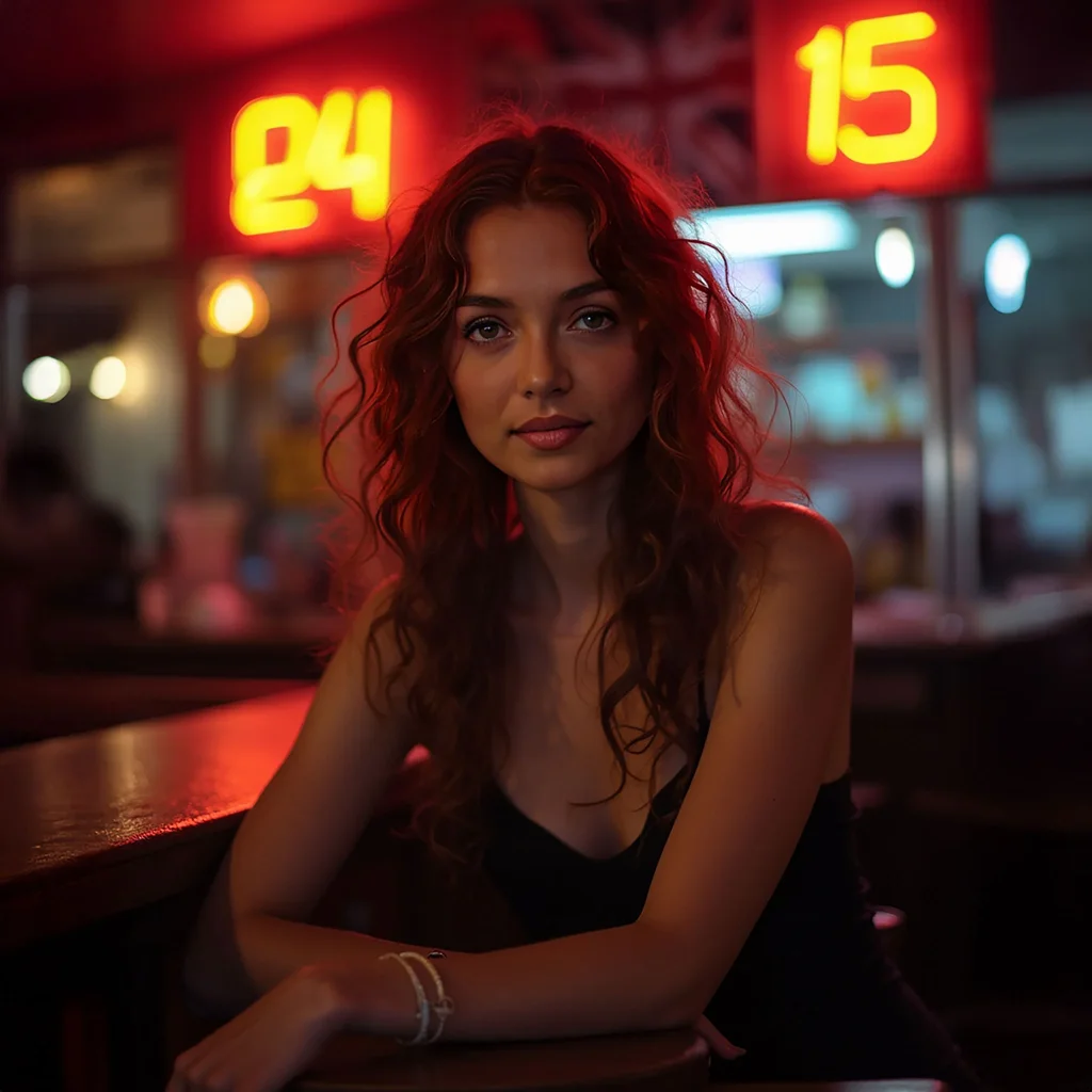 Eva sits in a bar with neon lighting around her