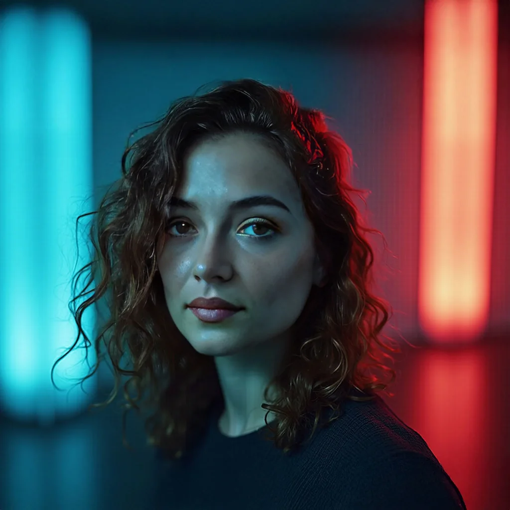 Closeup of Eva looking at the camera with blue-red lighting in the background.