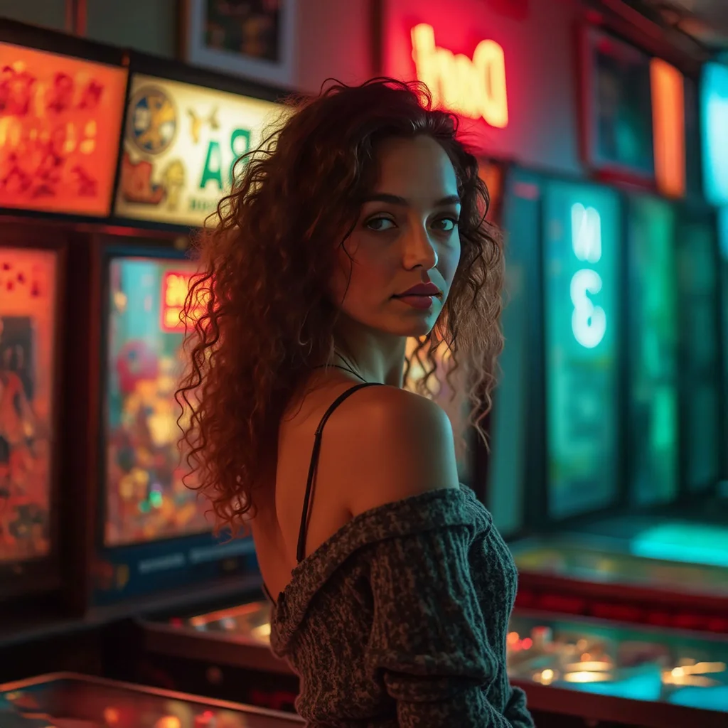 Midshot of Eva turning to look back at the camera in a pinball arcade.