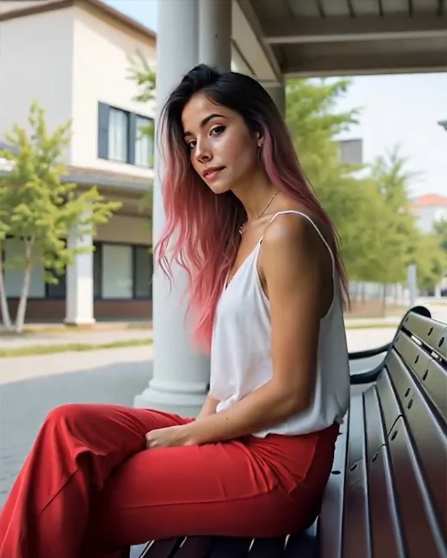 A woman with pink/red hair looks sideways at the camera while sitting on a wooden bench