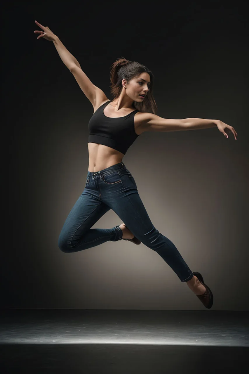 Tia in the same pose as the ballerina in a black crop top and jeans.