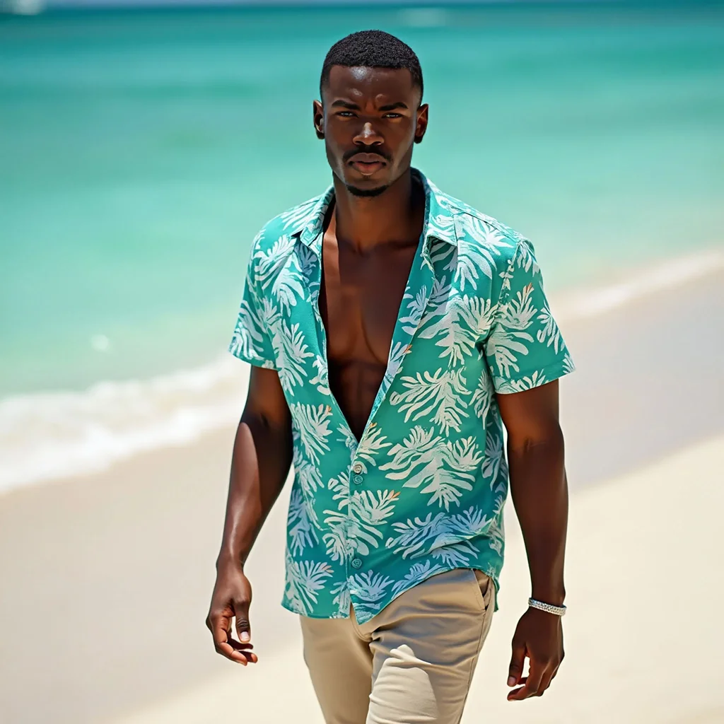 Sam posing on a white-sand beach in a blue floral shirt.