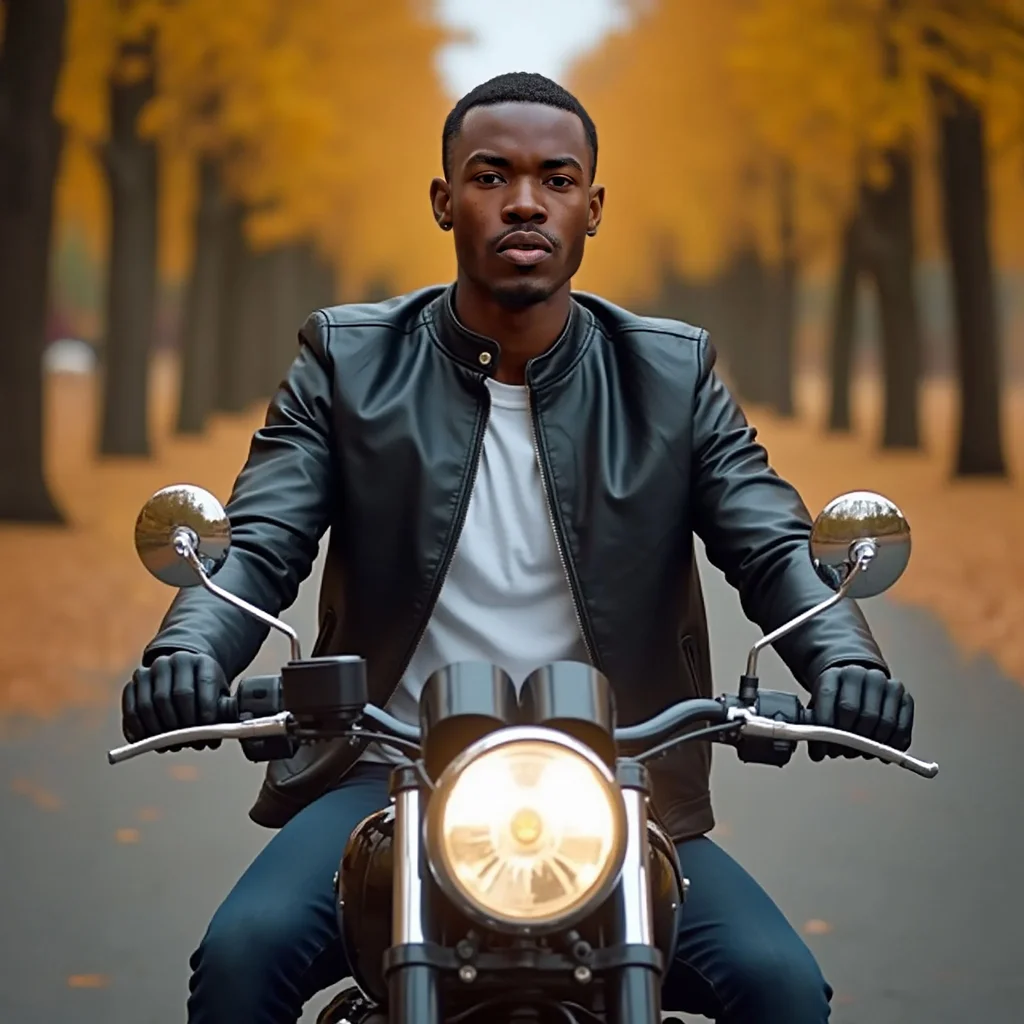 Sam riding a motorbike on a street lined with autumn trees