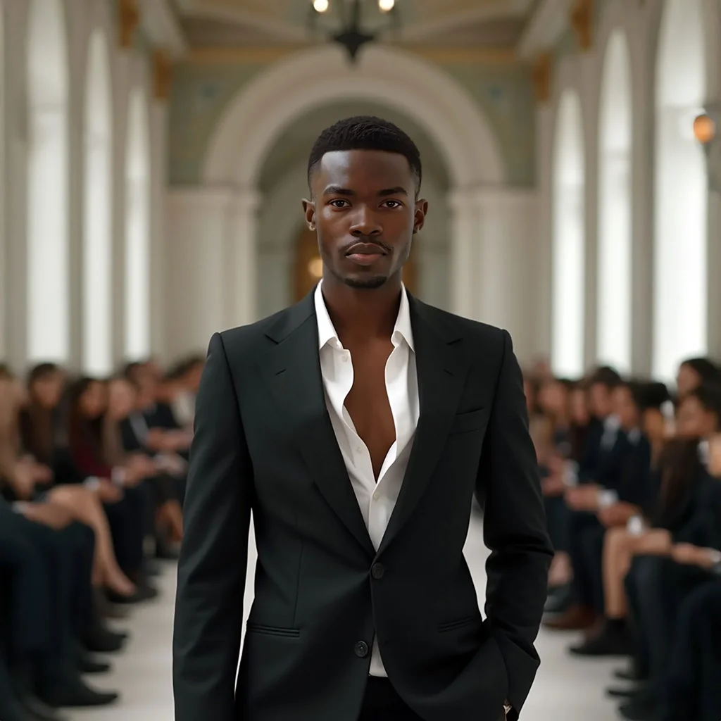 Sam walking the ramp at a fashion event, dressed in a suit