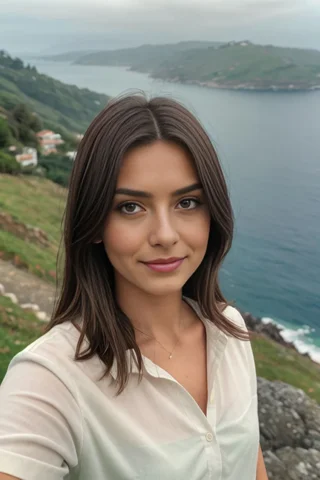 Tia posing against a hilly shoreline. The style of the image is an iPhone Selfie.