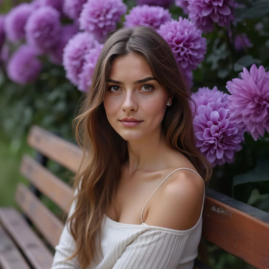 Tia sitting on a bench surrounded by purple flowers