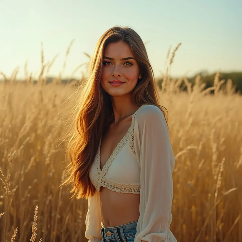 Midshot of Tia standing in a field of tall grass as the sun sets in the background.