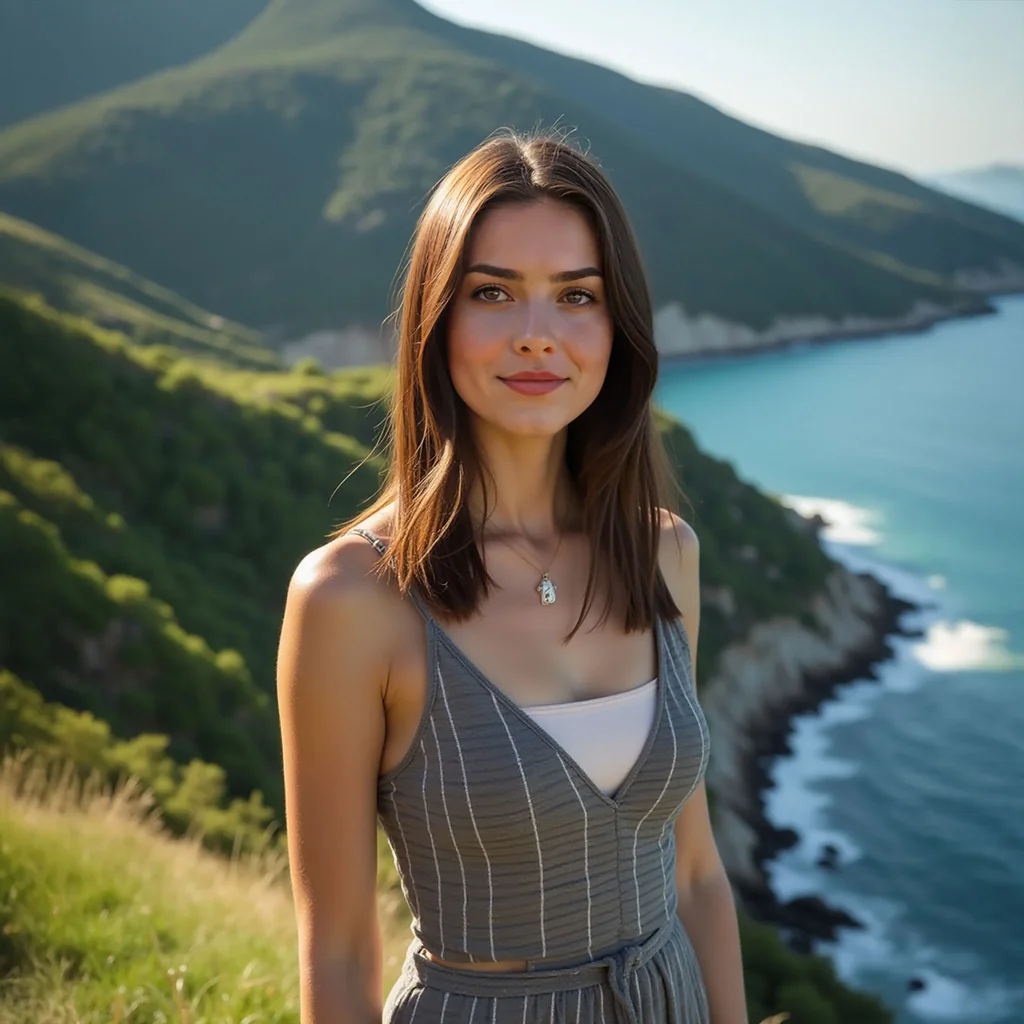 Midshot of Tia posing against a hilly shoreline.