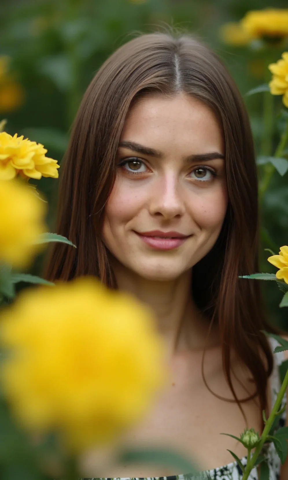 Tia looks at the camera with yellow flowers around her