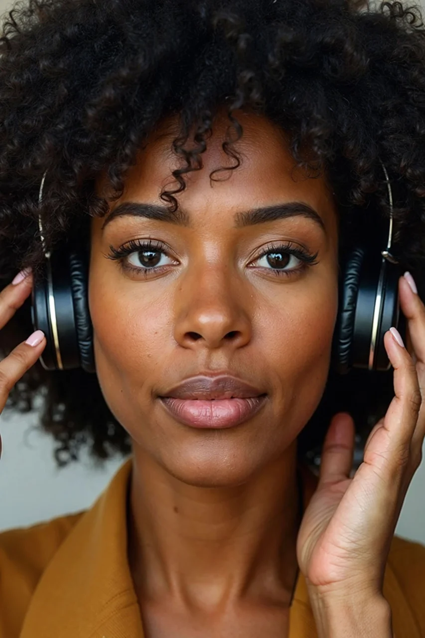 An african-american female model wearing headphones. She has natural looking skin with blemishes and texture.