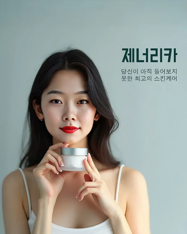 An asian woman holding up a skincare product with Korean text written behind her.