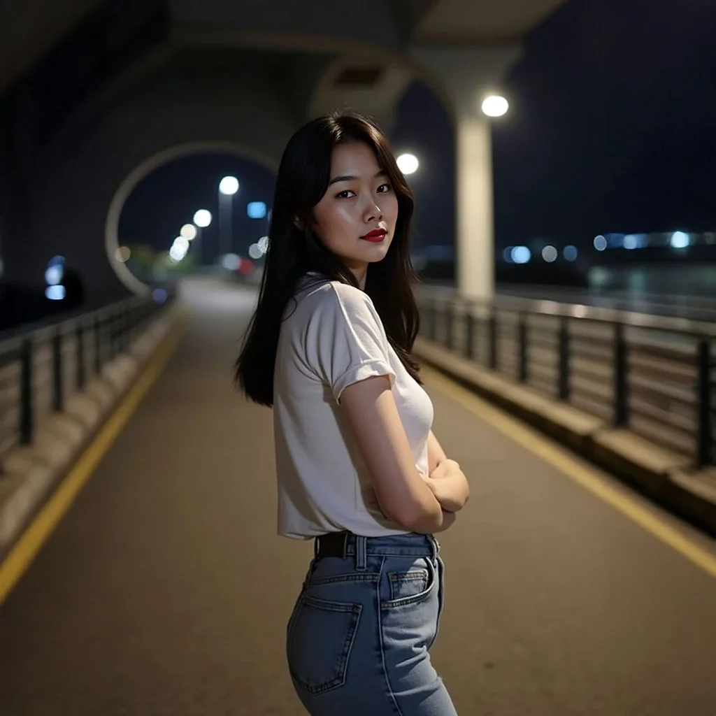 Zoe posing on a bridge in the nighttime