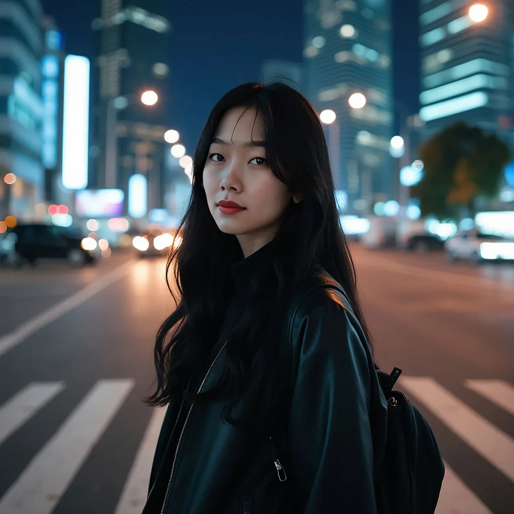 Midshot of Zoe looking at the camera while crossing a crosswalk in a city at night.