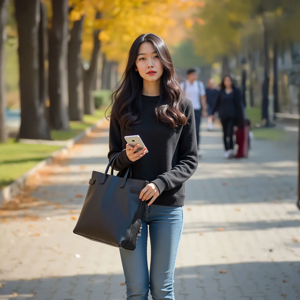 Zoe walks on a sidewalk with yellow trees in blossom.