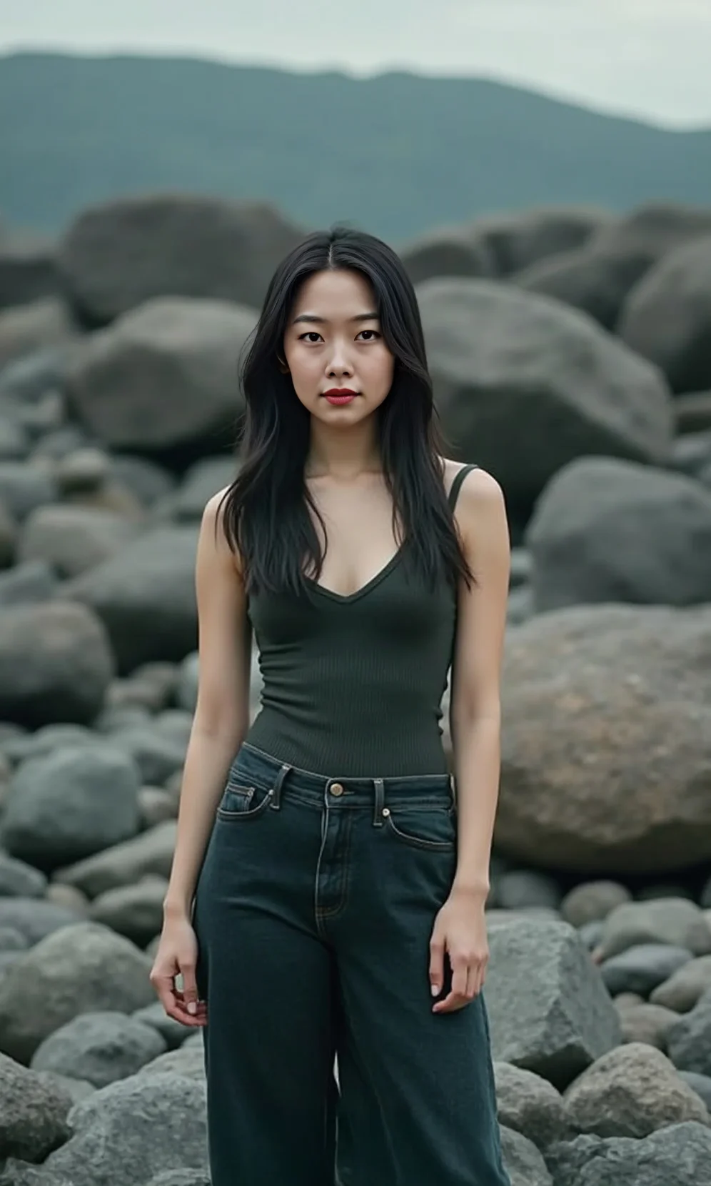 Zoe posing against a rocky background